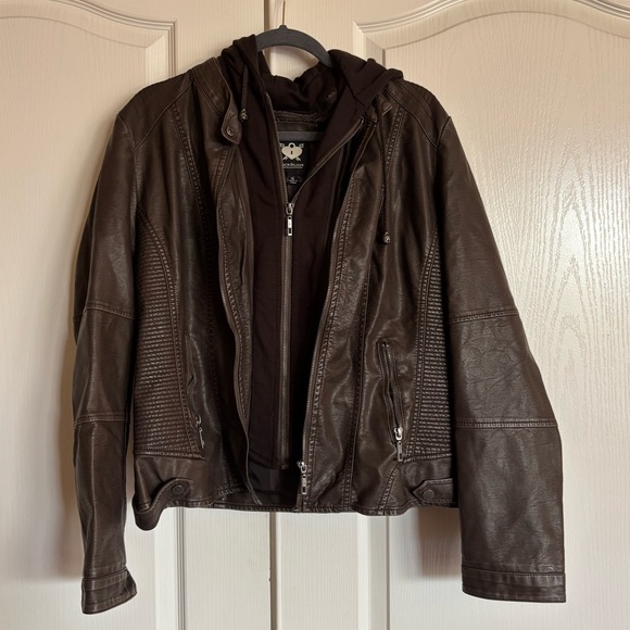 Lock & Love brown faux leather hooded motorcycle jacket size XL - Picture 3 of 7